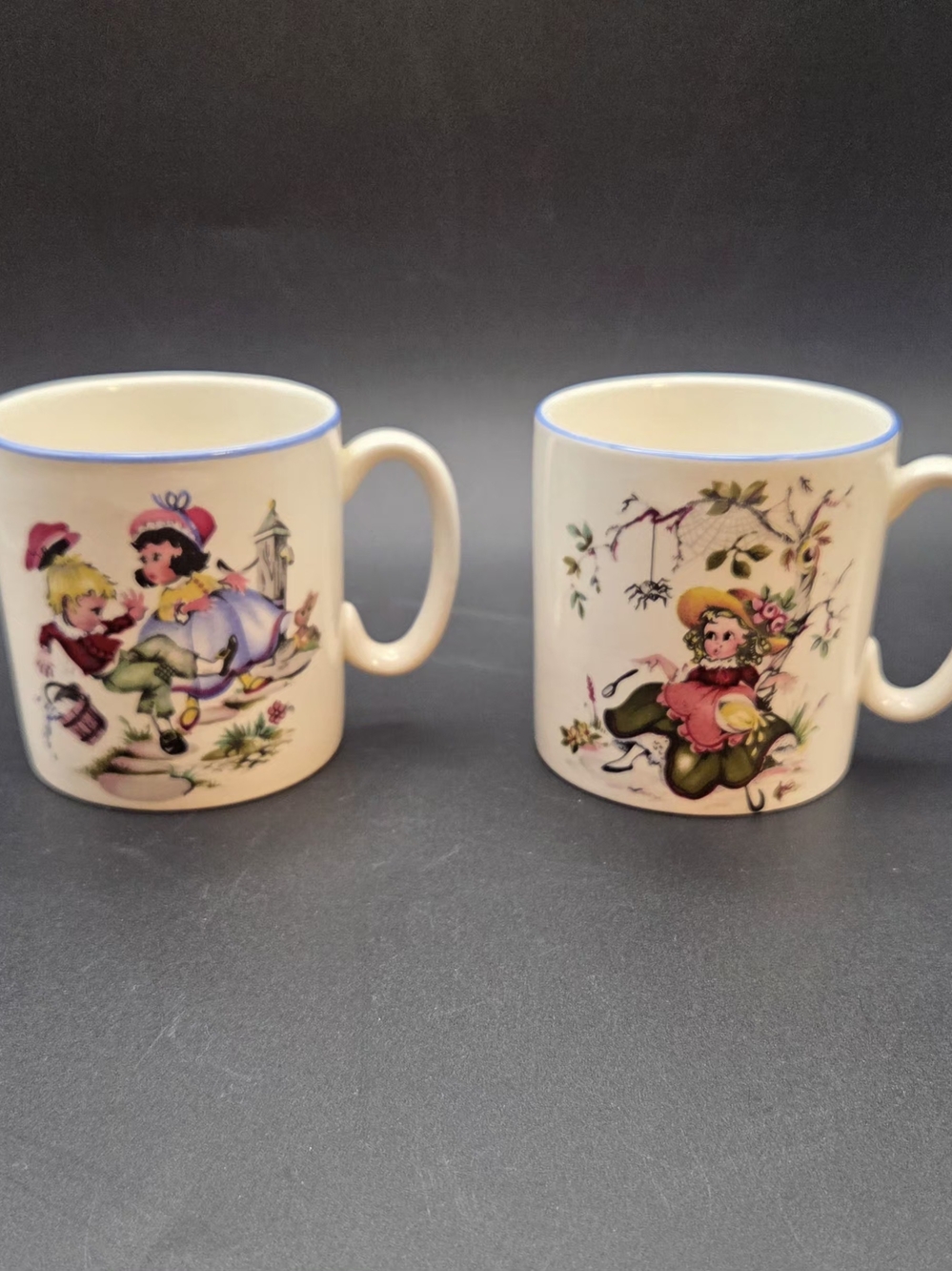Vintage Lord Nelson Pottery Nursery Rhyme Mugs 9-73 Little Miss Muffet & 4-73